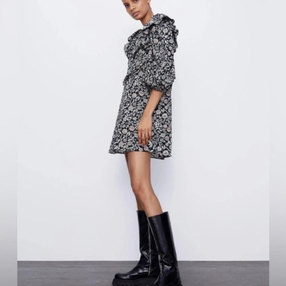 ZARA Black White Printed Floral Ruffle Mini Dress Size Small - Picture 10 of 16